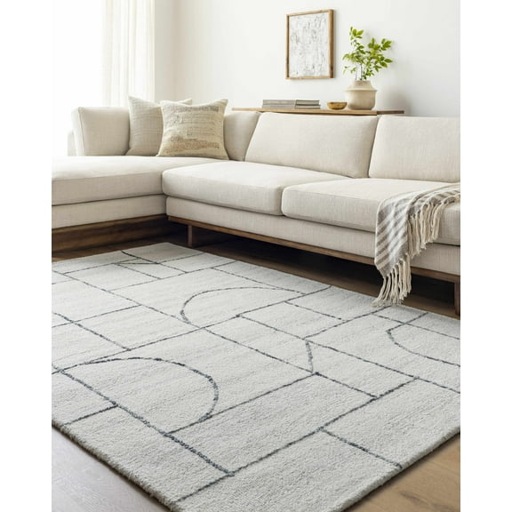 Hauteloom Sanaz Wool Living Room, Bedroom Area Rug - Contemporary - Ivory, Charcoal, Slate Blue - 2' x 3'