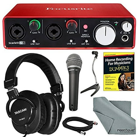 Focusrite Scarlett 2i2 (2nd Gen) USB Audio Interface and Bundle with Home Recording for Musicians Guide + Handheld Mic + FiberTique cloth and