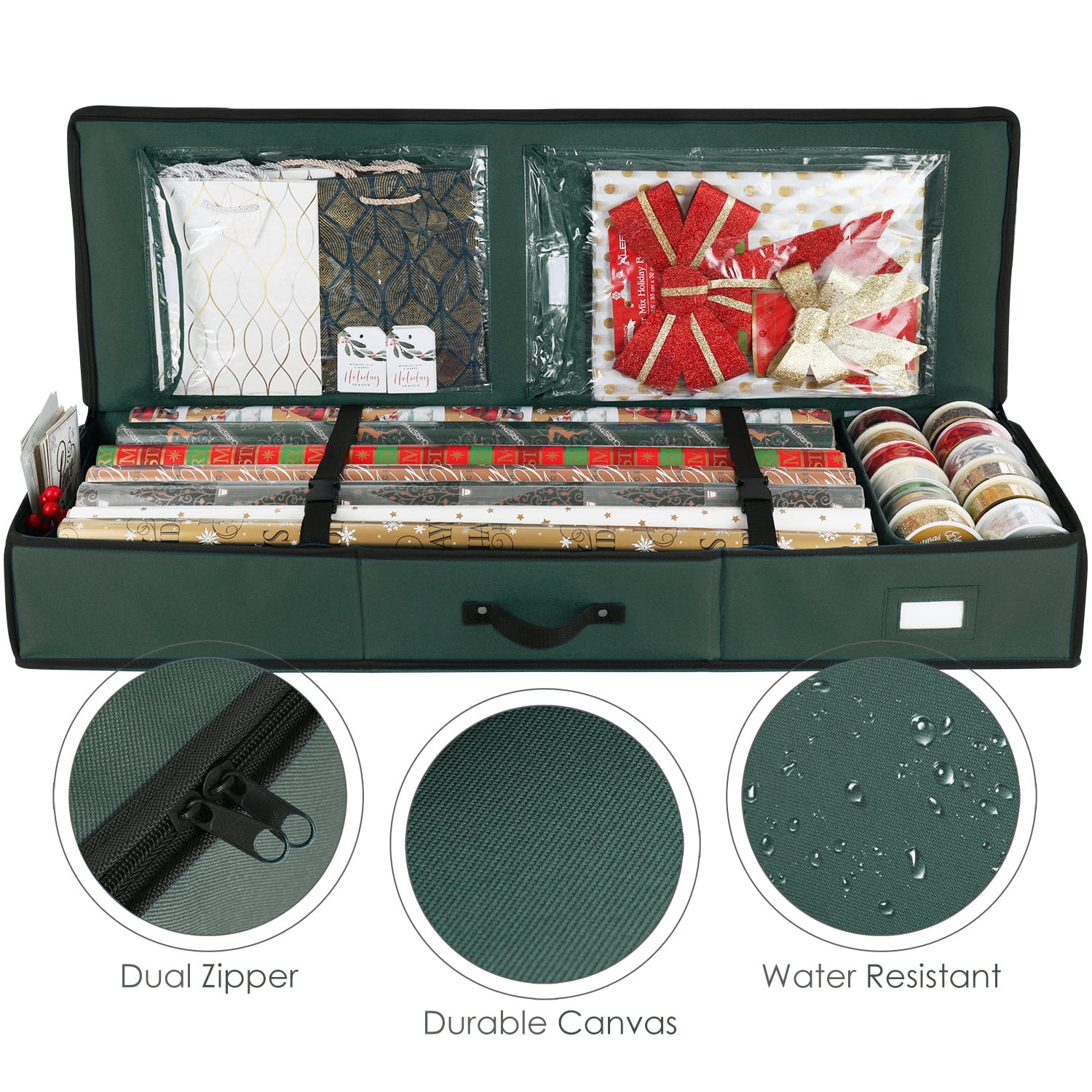 LAMMALOE Set of Holiday Christmas Wrapping Paper Storage Box and Storage Bag, 600D Oxford Fabric, Underbed Slim Design, Green