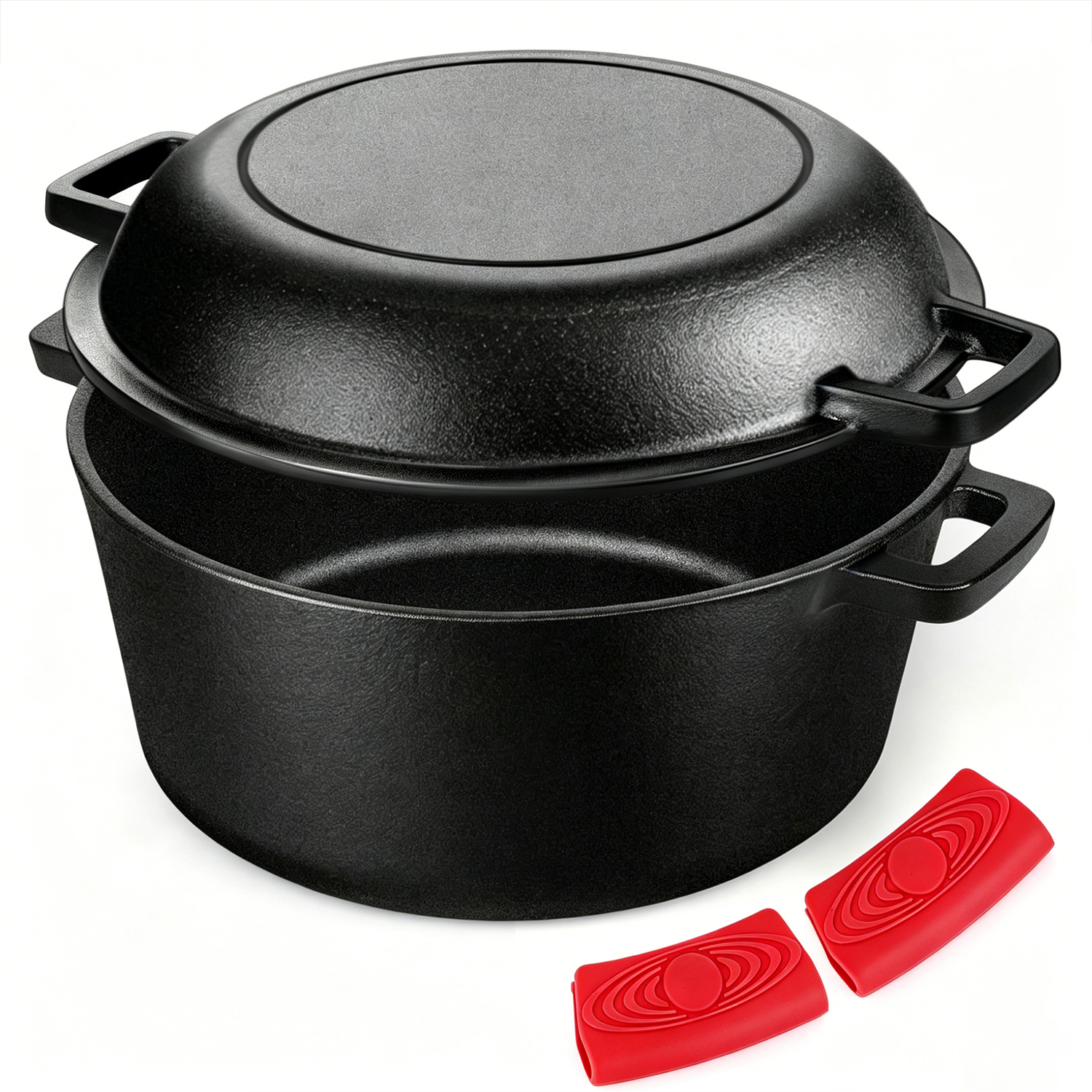 2-in-1 Cast Iron Dutch Oven Pot, TAIMASI 5 Qt Pre-Seasoned Cooking Pan with Skillet Lid & Dual Handles,Indoor Outdoor Cast Iron Skillet Cookware Pan Set for Bread Frying Baking