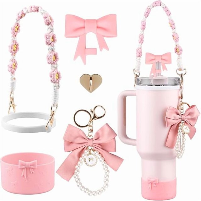 wonima44 Stanley Cup Accessories Set,Bow Straw Cover, Water Bottle Handle Strap, Siliocne Cup Boot, Pearl Charms, Straw Topper for 40oz & 30oz Stanley Tumbler for Women (Pink)