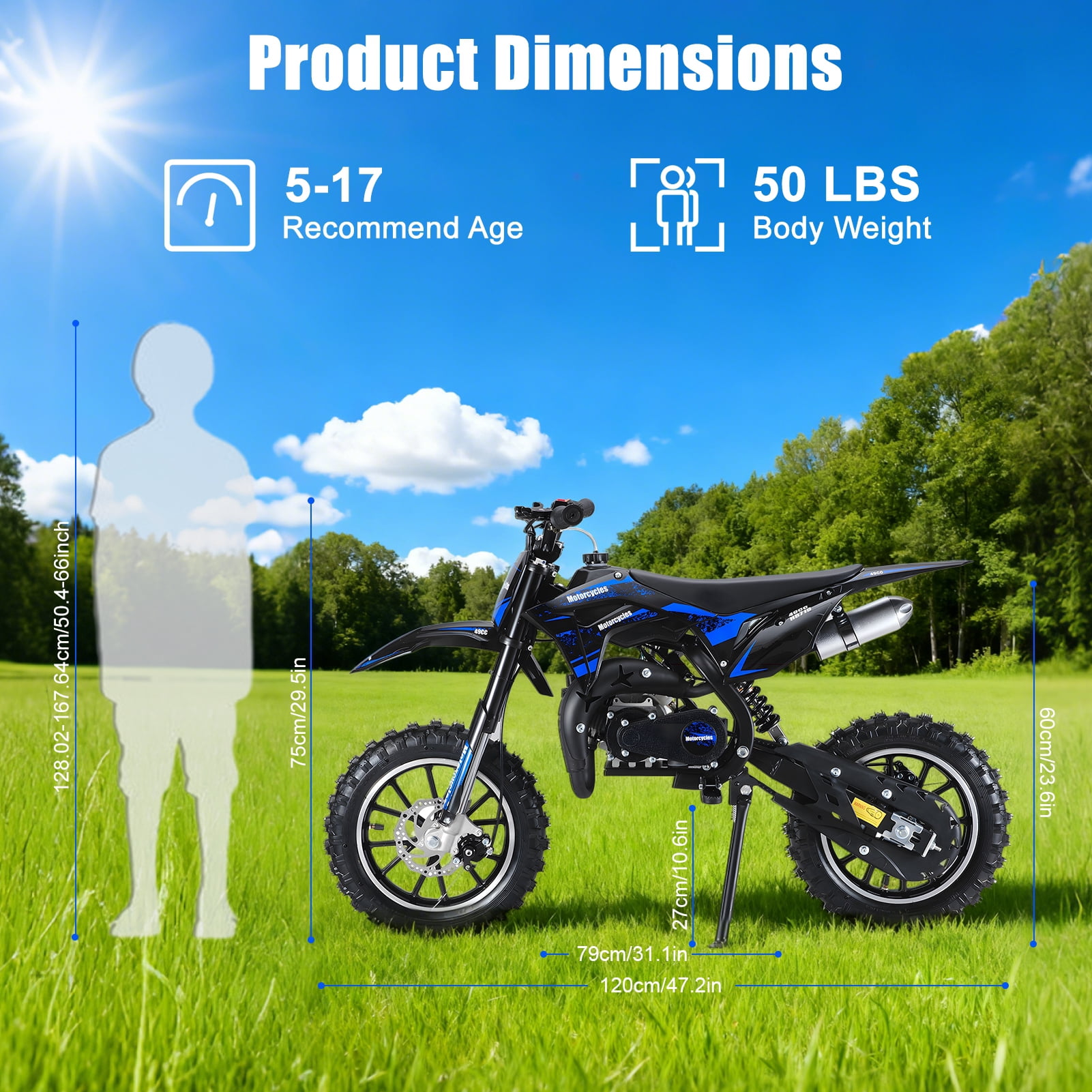 Yedigre Mini Kid Dirt Bike, 49CC 2-Stroke Gas Powered Motorcycle, Up to 25 Mph, Max Load 330 LBS, for Children Aged 3 to 12