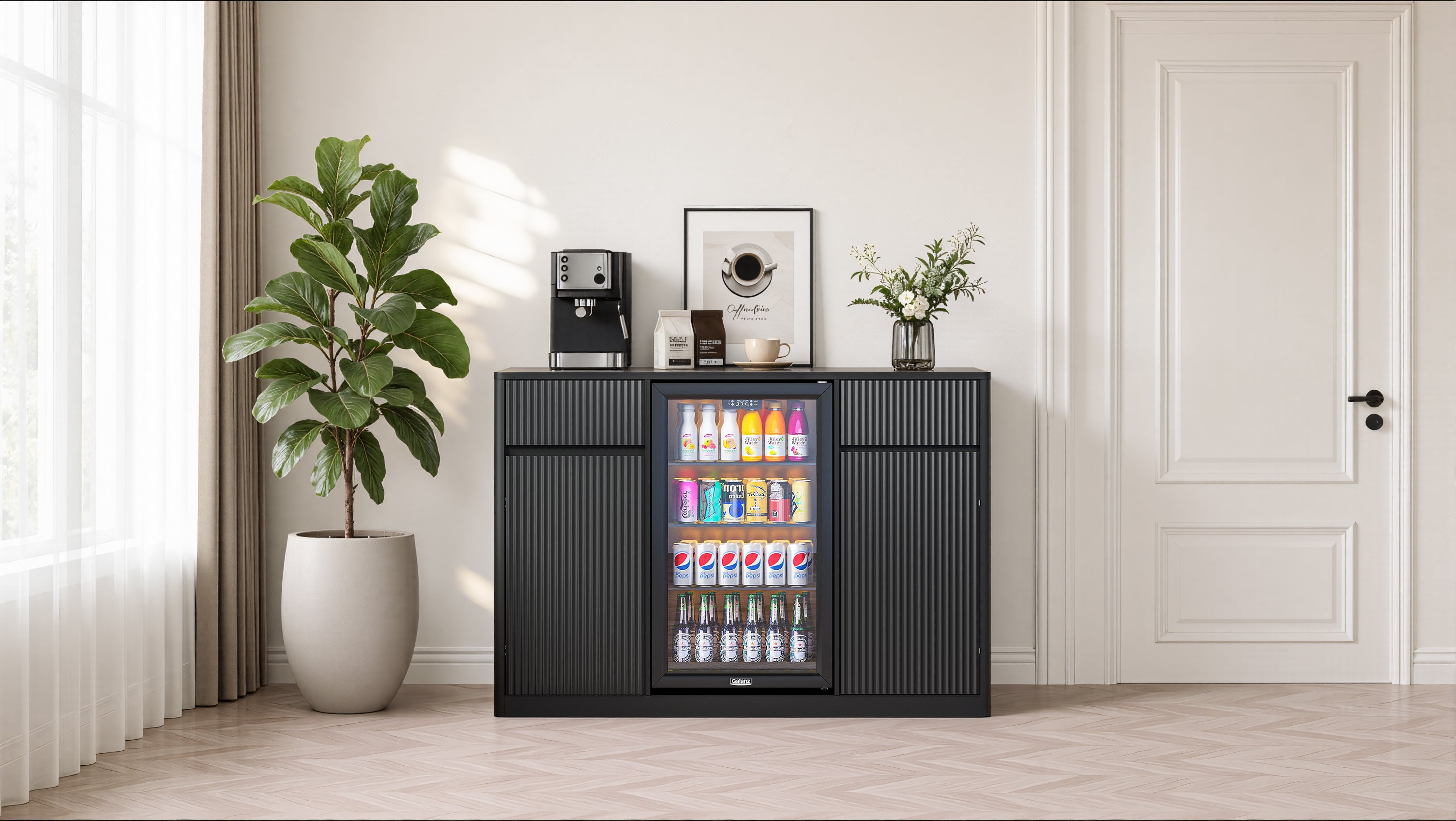 53.2 in Fluted Buffet Wine Cabinet with Mini Fridge Nook, Charging Station, Adjustable Shelves, Black
