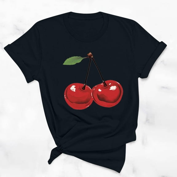 Ayolanni Cute 2026 Vacation Clothes Short Sleeve Crew Neck Cherry Print Blouse Loose Going Streetwear T-Shirt L
