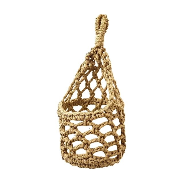 HWRETIE Handmade Cotton Rope Hanging Fruit Basket,Wall Mount Produce Storage Net,Boho Kitchen Organizer with Wood Ring
