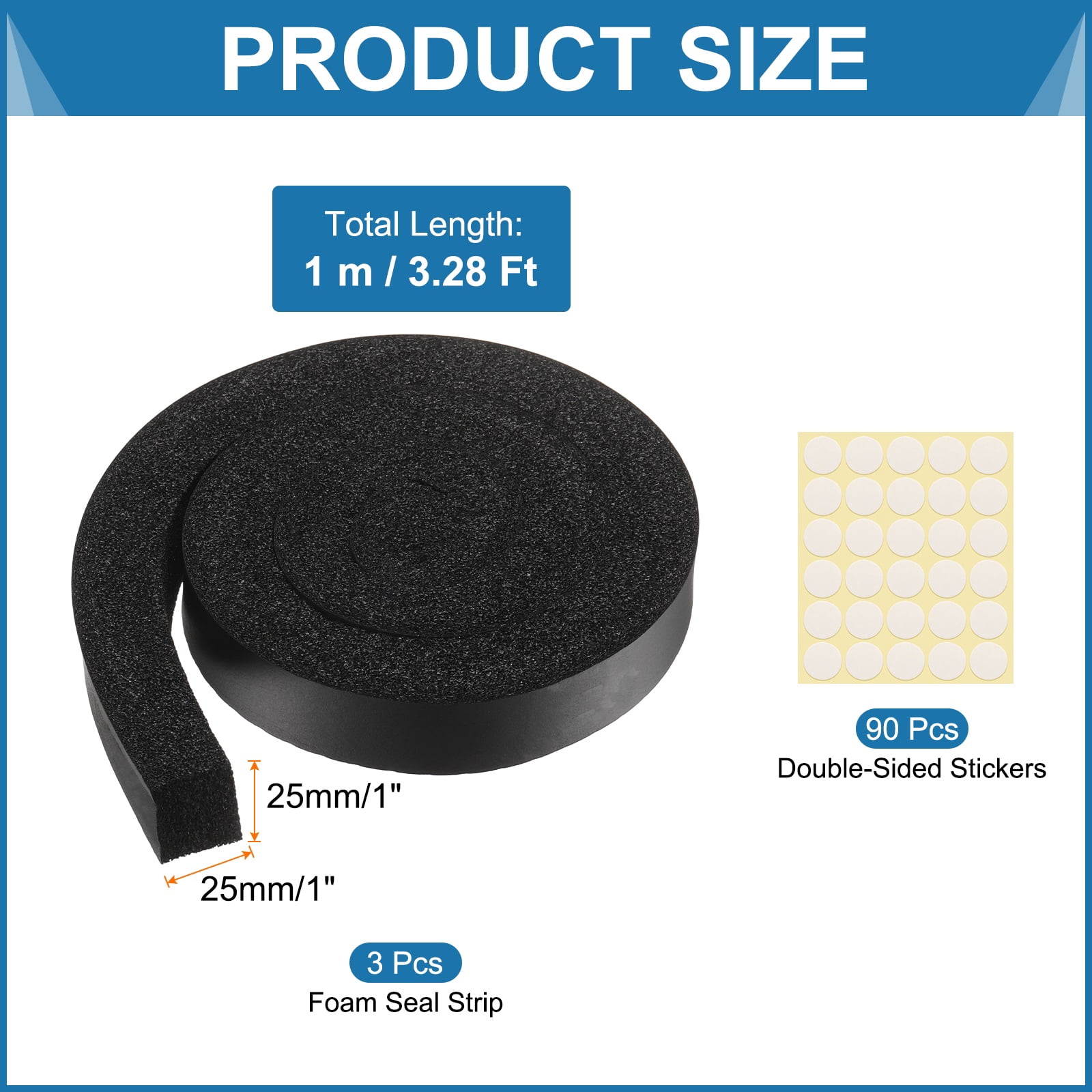 3 Set 3.28ft Foam Seal Strip, 1 Inch Width x 1 Inch Thick Weather Stripping Foam Insulation Tape, High Density Air Conditioner Open Cell Foam Seal Tape for Doors, Windows, Black