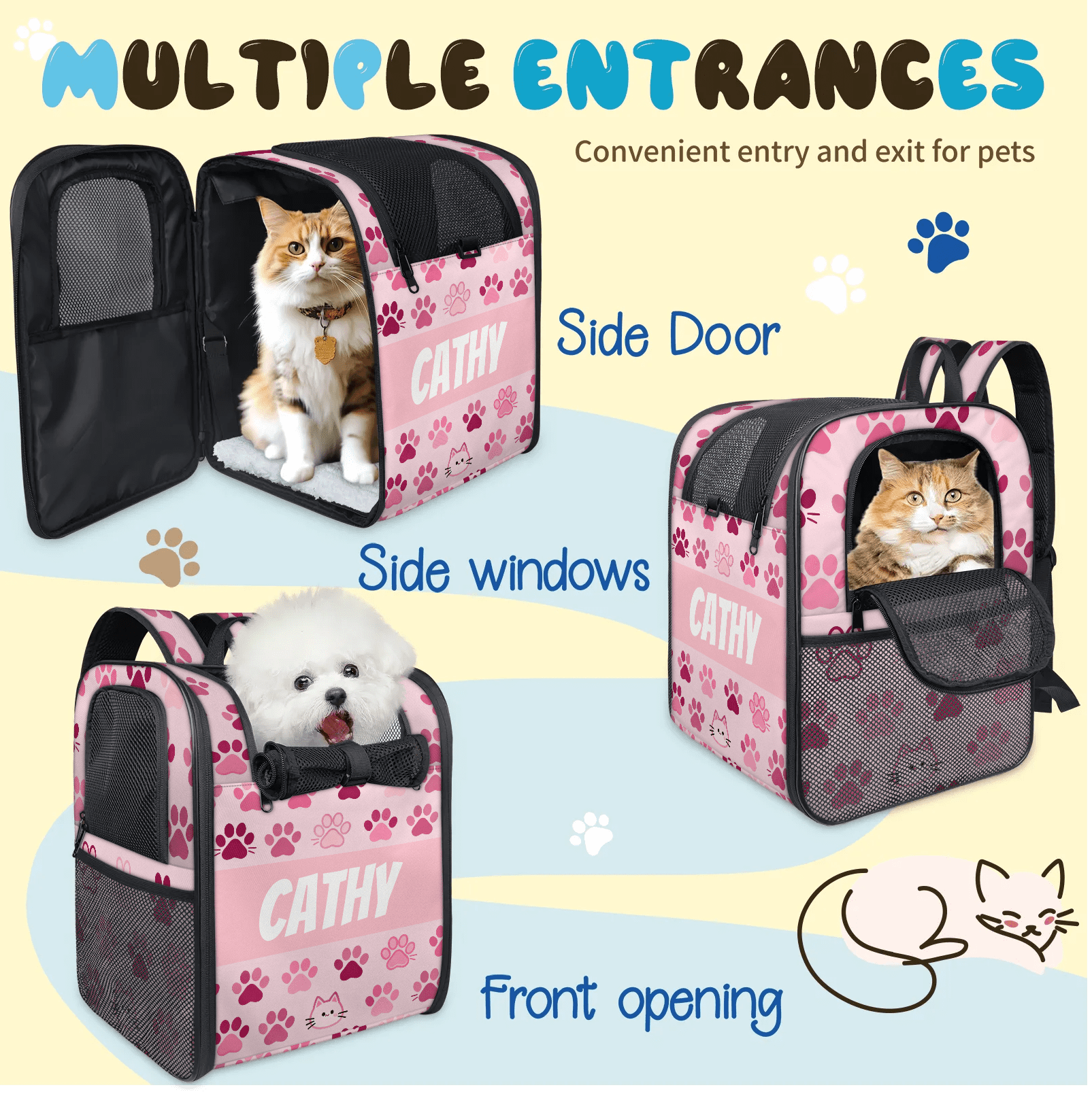 Personalized Cat Backpack Carrier, Custom Name Pet Carrier Bag for Small Cats and Puppies, Breathable Mesh Travel Backpack for Hiking, Walking, Gifts for Cat Lovers