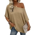 thumbnail image 4 of Puyaiuu Women Casual Off Shoulder Tops, Short Sleeve Asymmetrical Blouses with Solid Color, Lightweight Linen Feel Shirts for Summer Spring, Daily Work Party Vacation Outfits Gift, 4 of 7