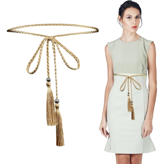 Women's Braided Knotted Waist Belt Trendy Boho Thin Tassel Dress Waistband