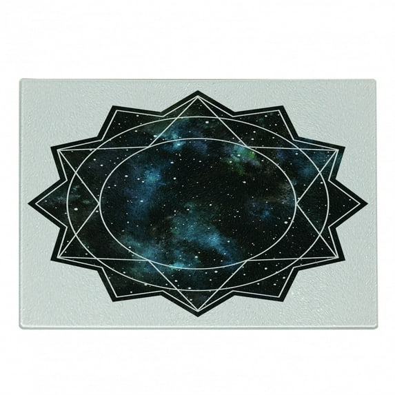 Galaxy Mandala Cutting Board, Polygonal Star Framed Geometric Cosmic Shaped Flower, Decorative Tempered Glass Cutting and Serving Board, Small Size, Charcoal Grey Night Blue, by Ambesonne