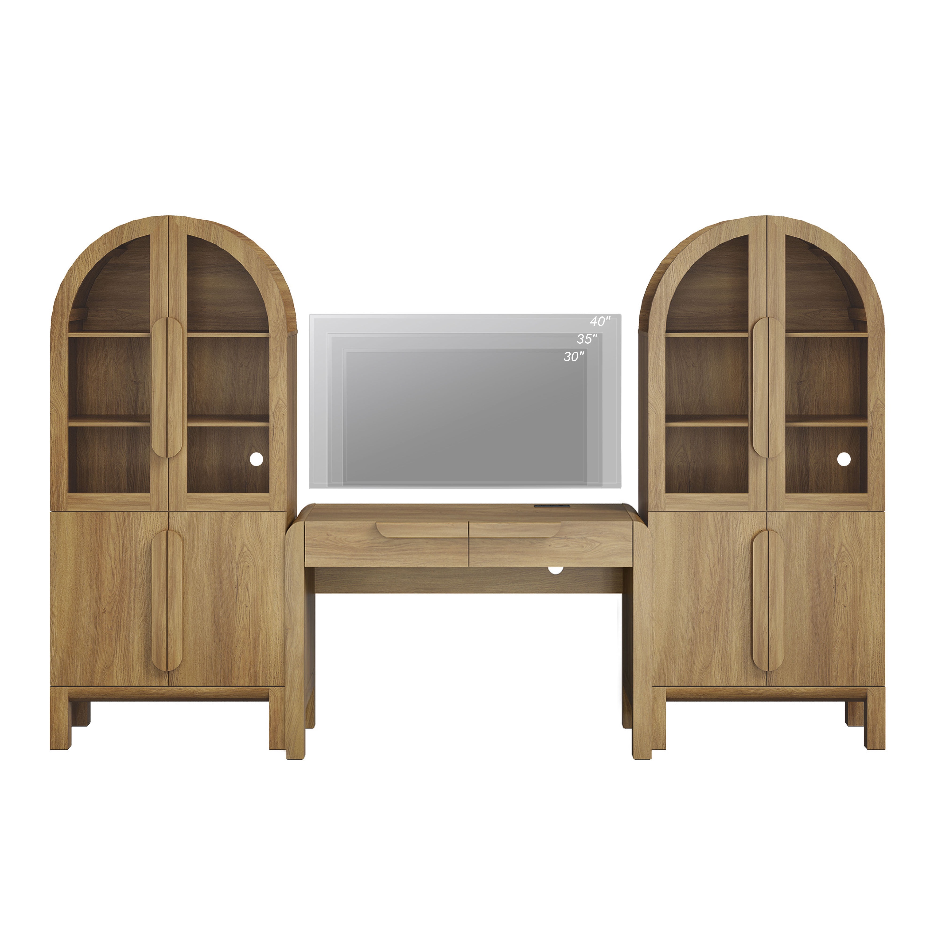 Home Office Set, 47" Modern Executive Desk with Charging Station and Drawers & 2 Piece 71"H Tall 5-Tier Arched Bookcases with Glass Door for Living Room, Bedroom, Home Office