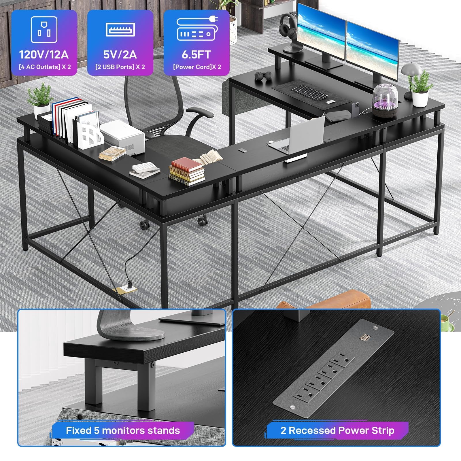 Luku U Shaped Home Office Desk, Reversible L Shaped Gaming Computer Desk with Power Outlets,126 Inch Computer Desk with Monitor Stand and LED Lights,Storage Shelves,Storage Bag and Hooks