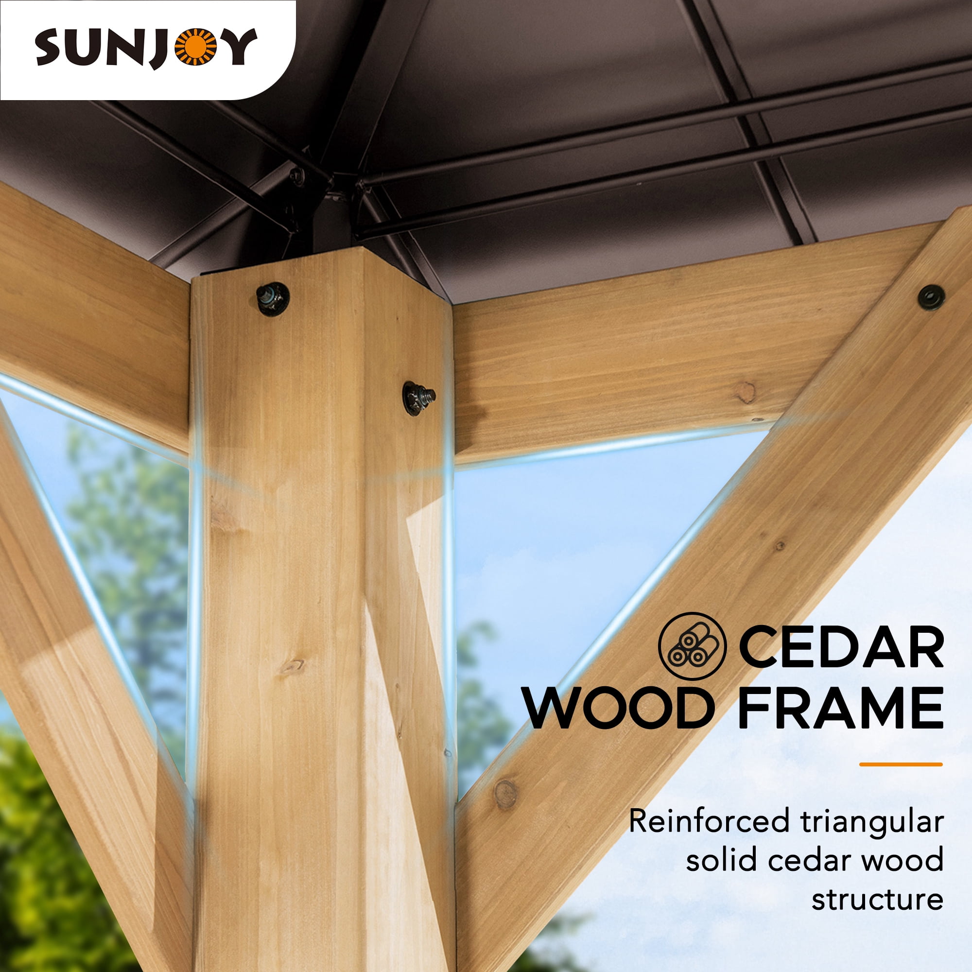 Sunjoy Aleah Outdoor Patio 11 ft. x 11 ft. Cedar Framed Gazebo with Brown Steel and Polycarbonate Hip Roof Hardtop