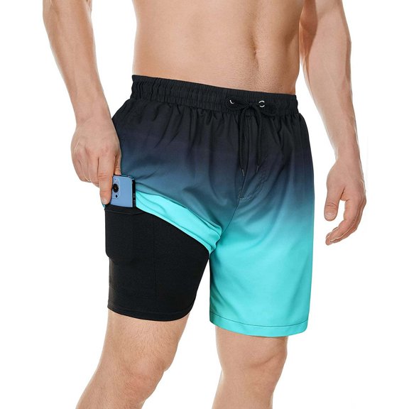 Zando Mens Swim Trunks with Compression Liner Quick Dry Beach Shorts for Mens Bathing Suit Black Blue Gradient M