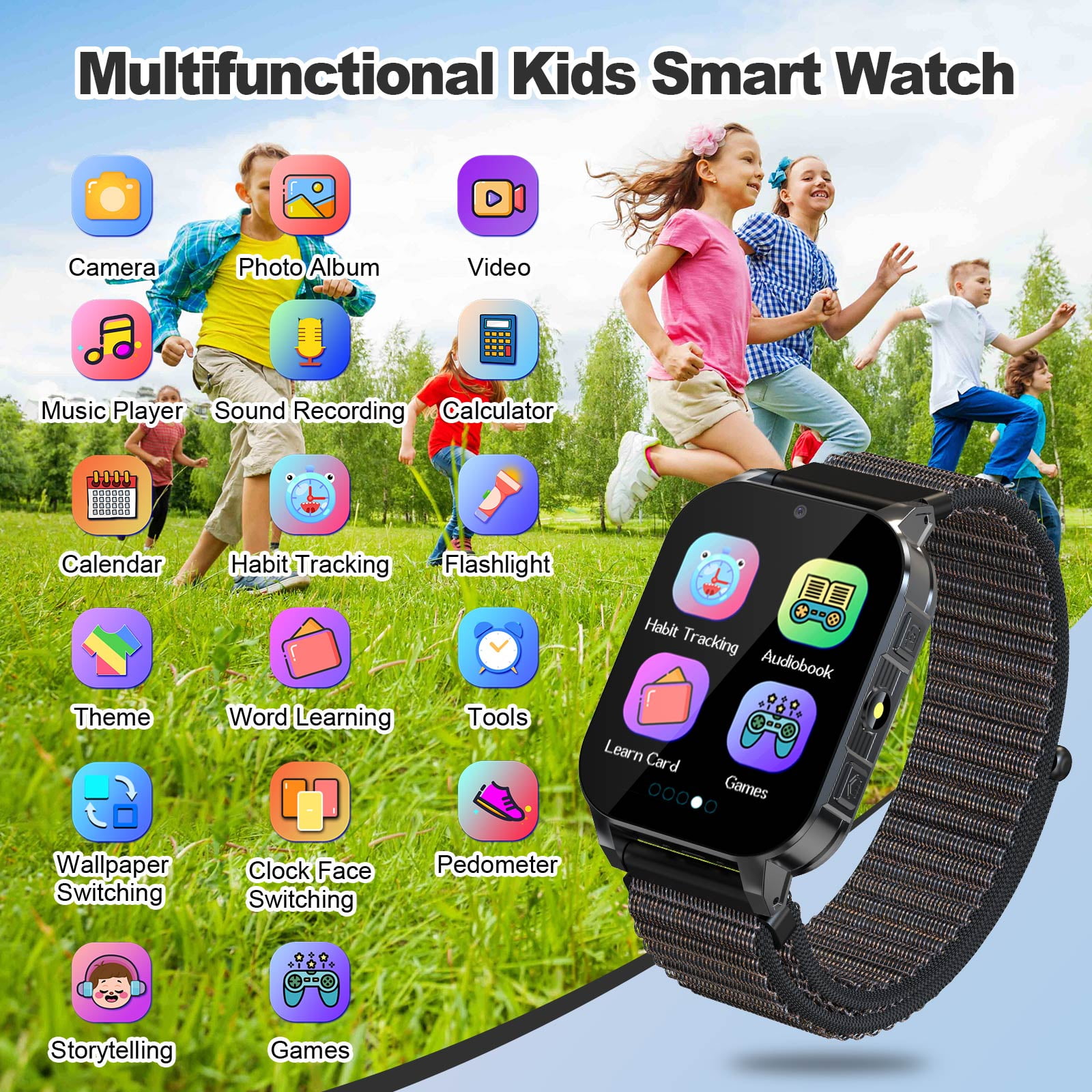 SHANNA Kids Smart Watch for Boys Girls Aged 4-12,  1.83'' HD Touch Screen with 30 Games and 140 Learning Cards, Music Player Camera Pedometer Story Telling, Black