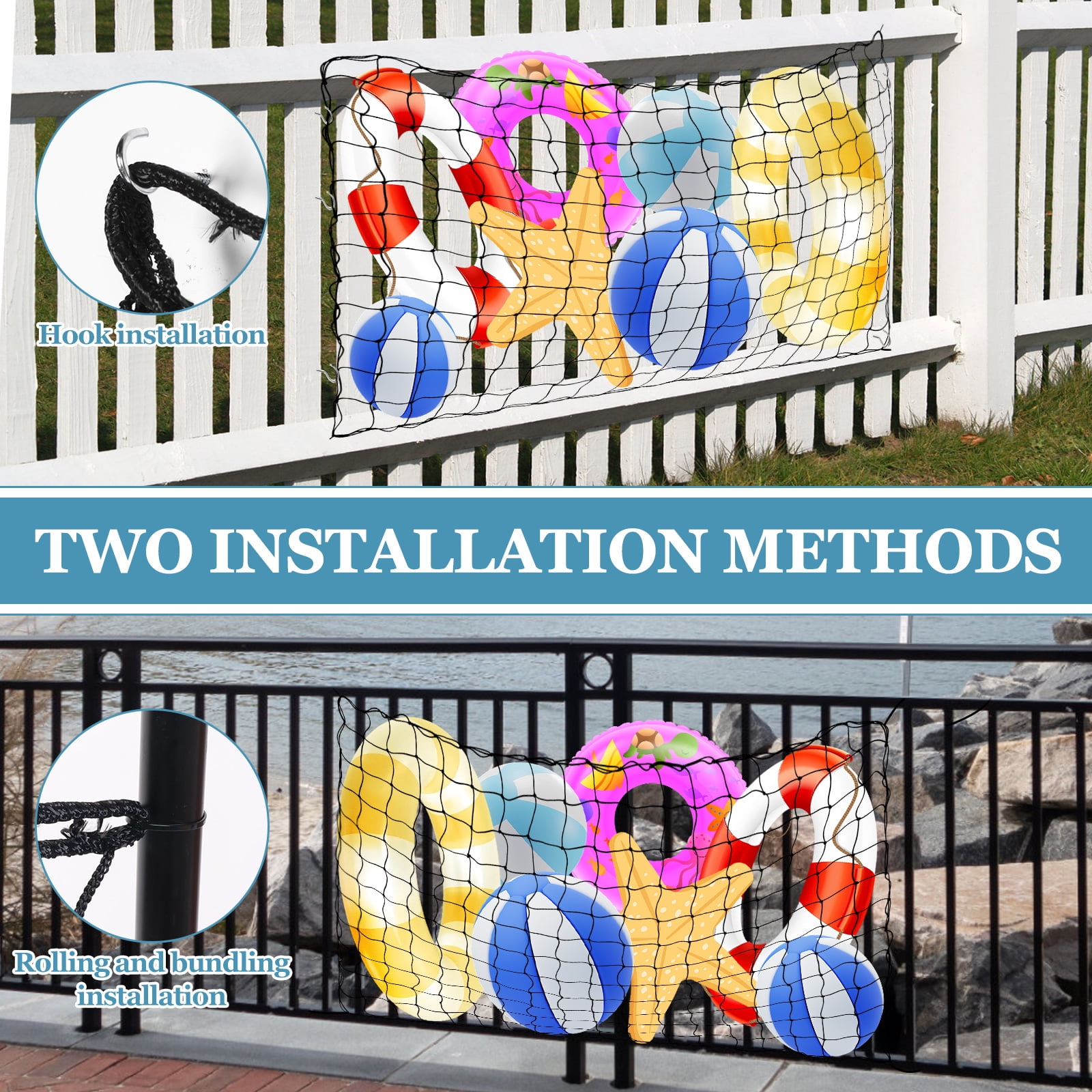 Grusce Pool Float Net Storage Bag, 71" x 45" Large Hanging Pool Toy Storage Mesh Net, Adjustable Poolside Fence Organizer for Swimming Ring Balls Inflatables with 10 Hooks & 10 Cable Ties