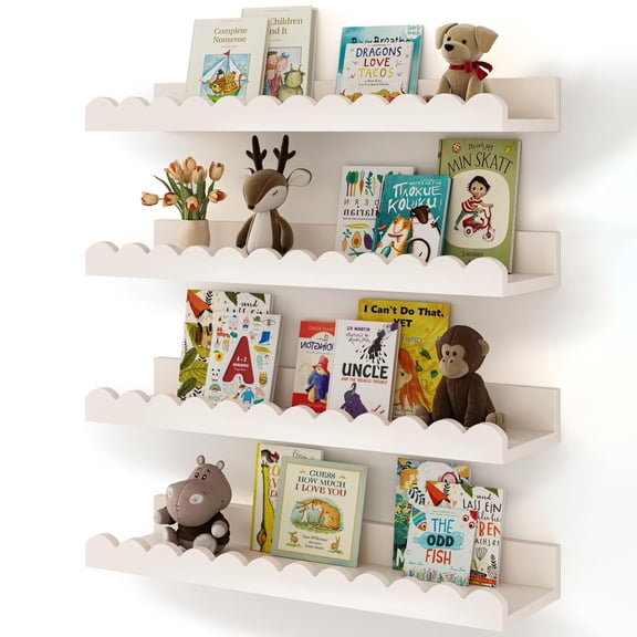 4-Pack 16.5-Inch Scalloped Floating Shelves - Kids Nursery Book Shelves for Toddler Room, Baby Room, Bedroom