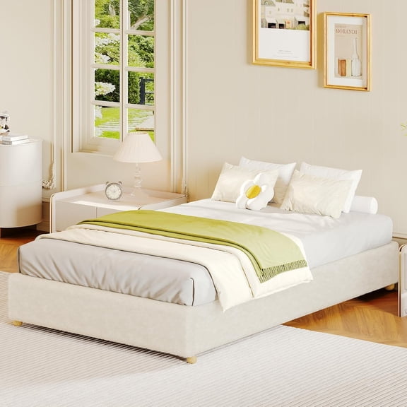 IdealHouse Twin Size Teddy Fleece Low Profile Cloud Bed Frame, Upholstered Platform, Solid Wood Legs, No Box Spring, Noise-Free, Easy Assembly, Cream