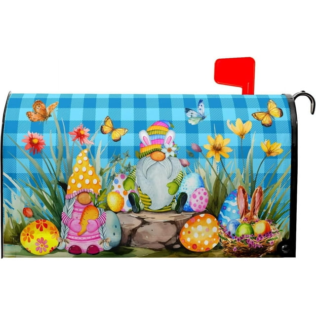 Easter Mailbox Covers Magnetic Spring Easter Gnome Mailbox Covers Magnetic Standard Size 18X21 Inch Funny Easter Eggs Magnetic Mailbox Covers Easter Decorations Outdoor Post Box Cover Wrap for Home
