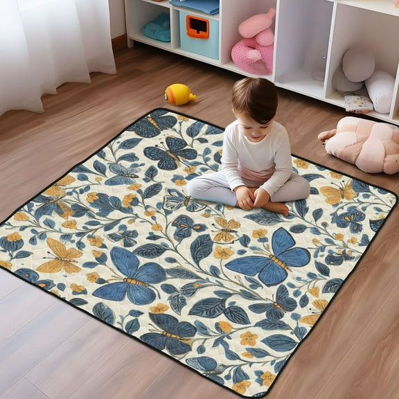 WOBOGO Blue Butterflies Pattern Baby Playmats Extra Large Waterproof Rollable Activity Pads for Toddlers 50×50inch