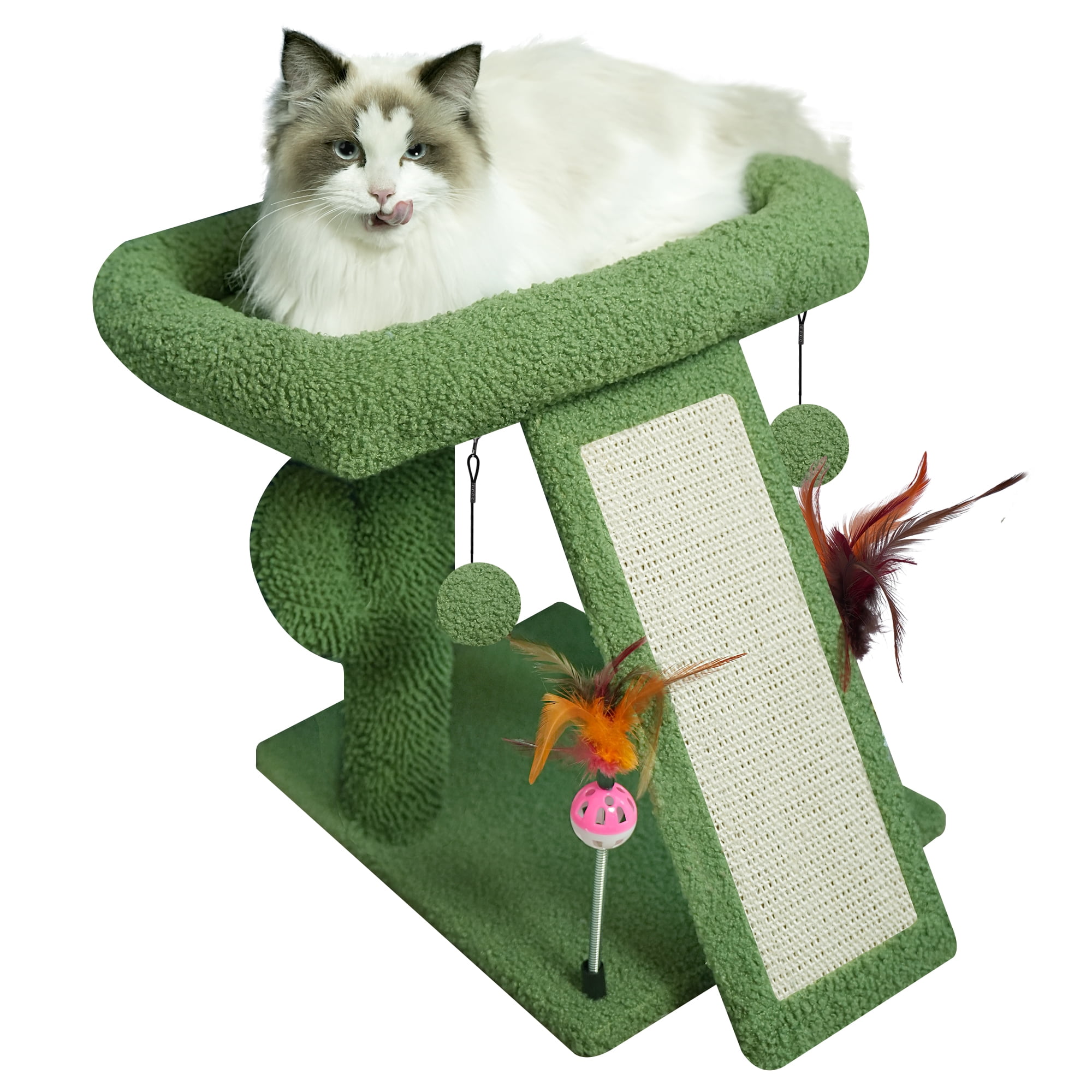 AIWIKIDE Desert Cactus Cat Tree with Condo and Scratch Post Hammock Hanging Ball, Green