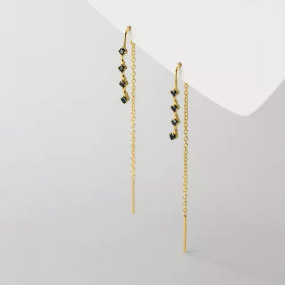 EOEMY Solid 925 Sterling Silver Black Crystal Chain Pull Through Threader Earrings-Gold
