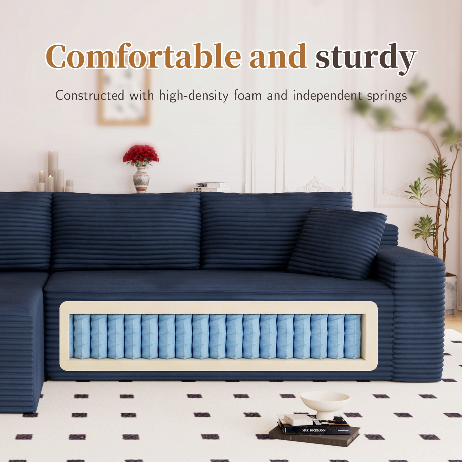 Lunale 105" Modular L-Shaped Sectional Sofa, Boneless Cloud Couch, No Assembly Required, Modern Deep Seat Corduroy Sofa for Living Room, Blue (Left Facing Chaise)