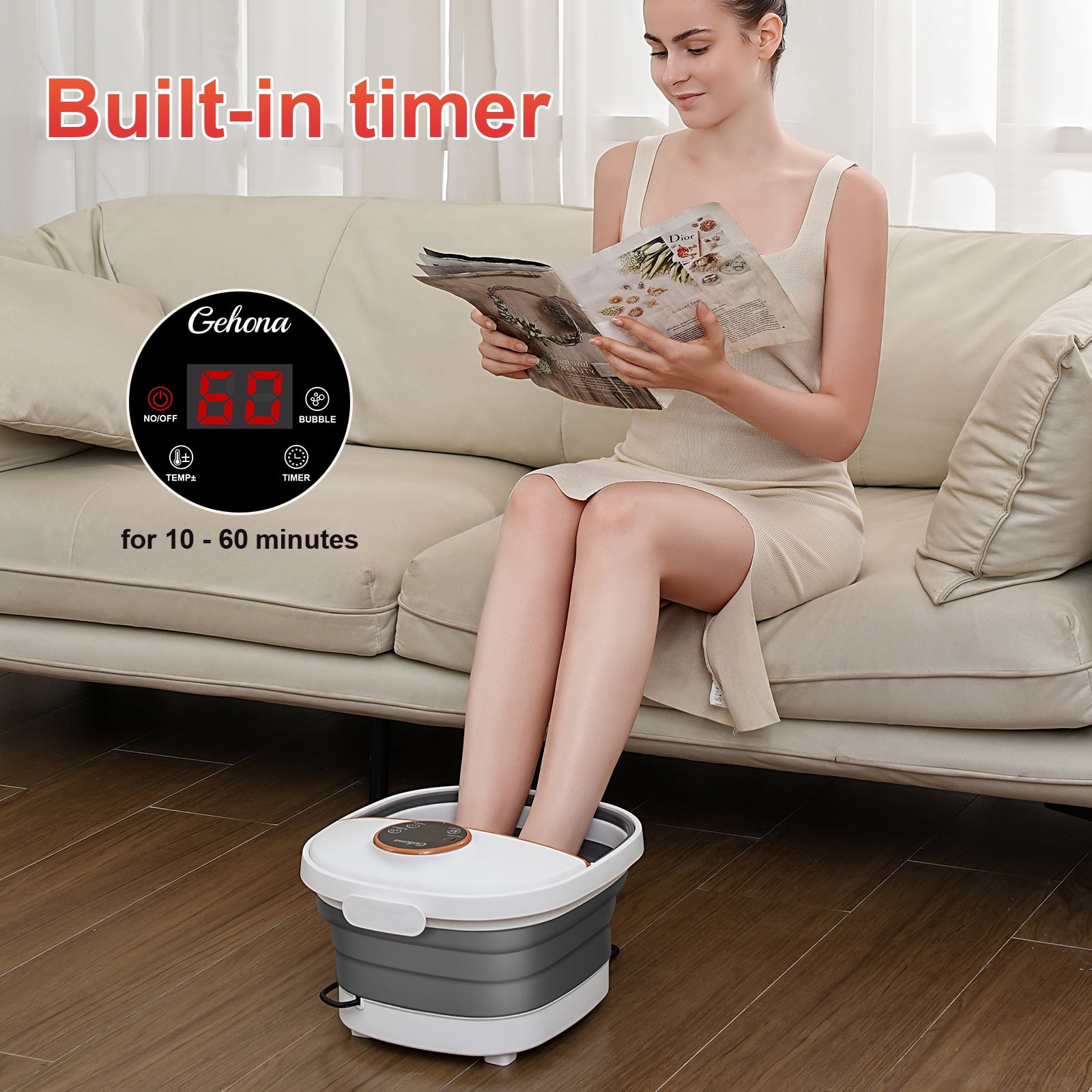 Gehona foot spa bath massager with heat｜6 Rotating Massge Rollers｜Heating & Bubble Function