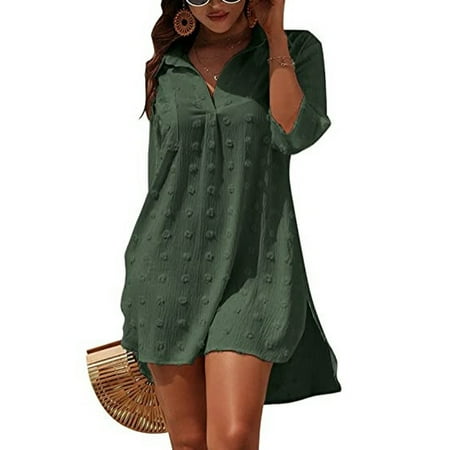 Women Chiffon Bikini Swimsuit Cover Up Loose Blouse 2023 New Solid Color For Beach Adult-S Green
