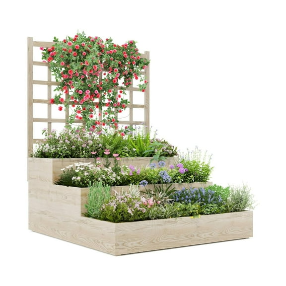 3-Tier Wooden Raised Garden Bed – Vertical Planter Box with Trellis & Ventilated Base for Climbing Plants, Flowers, Herbs & Vegetables – Outdoor Elevated Planter for Patio, Yard or Lawn