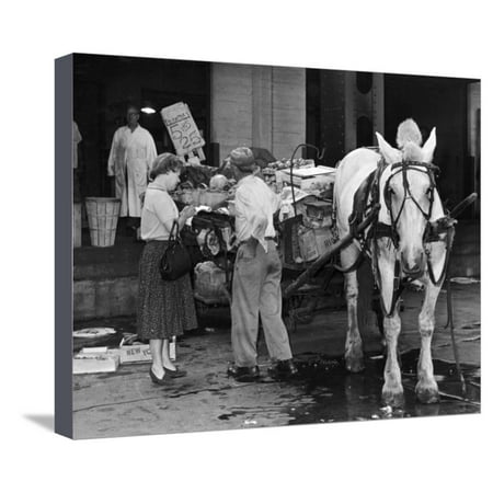 Produce Vendor with Horse-Drawn Cart at Washington Market NYC Photo - New York, NY Stretched Canvas Print Wall Art By Lantern