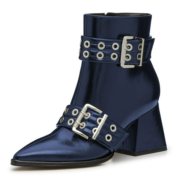 FSJ Women Stylish Pointed Toe Side Zipper Ankle Boots Chunky Mid Heel Double Metal Buckle Strap Studded Short Booties Date Shoes Size 8 Navy