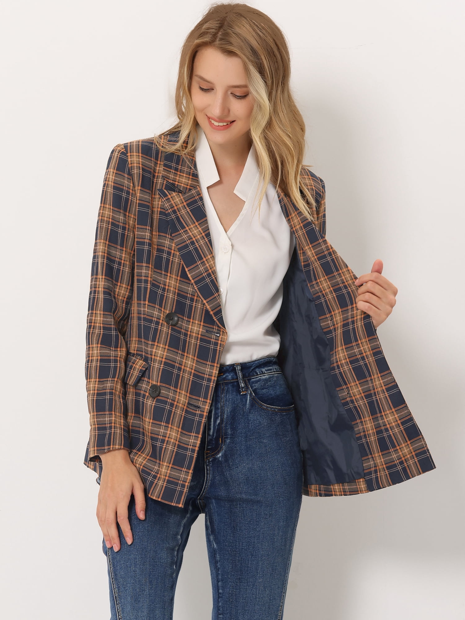 DARING DIVA Women's Plaid Notched Lapel Blazer Jacket XS Blue Orange