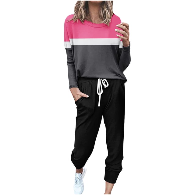 KIHOUT Survêtement pour Femmes Ensemble 2 Pcs Imprimé en Blocs de Couleur Manches Longues Col Rond Hauts Décontractés Pantalons String Jogger Ensemble de Détente