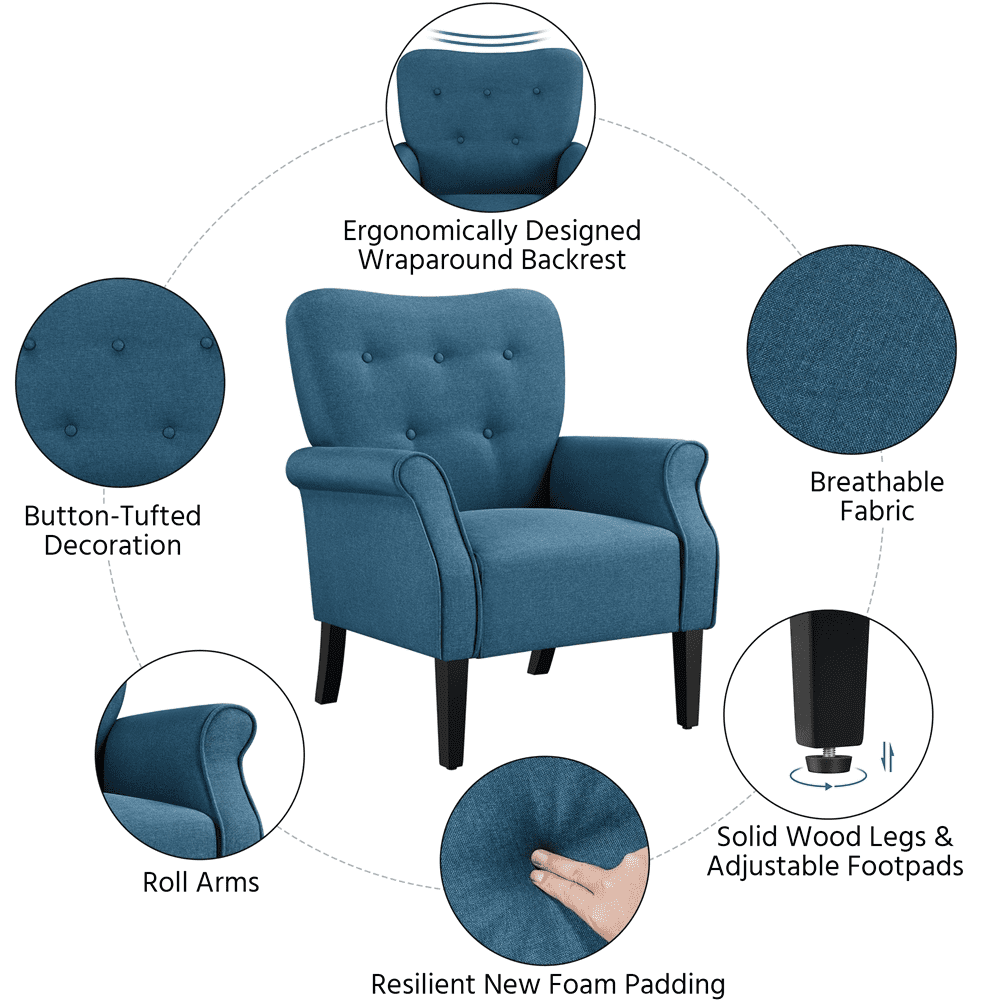 Alden Design Modern Upholstered Fabric Accent Chair with Wooden Legs for Living Room, Navy Blue
