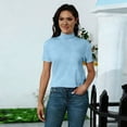 thumbnail image 6 of Mifsaly Womens Mock Neck Short Sleeve T-Shirt Basic Solid Color Slim Fit Stretchy Tee Tops Casual Lightweight Layering Casual Summer Undershirts Light Blue,M, 6 of 7