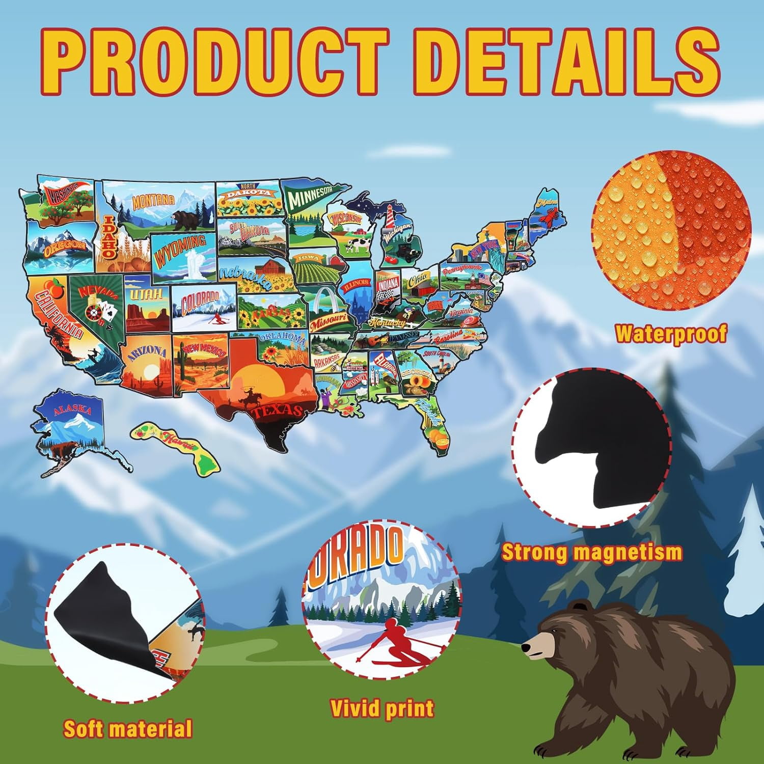 50 Pcs United States Map Fridge Magnets USA Souvenirs Us Individual State & Province Refrigerator Magnets Set for Travel Gift Destination of States Visited(Elegant,Become A Map)