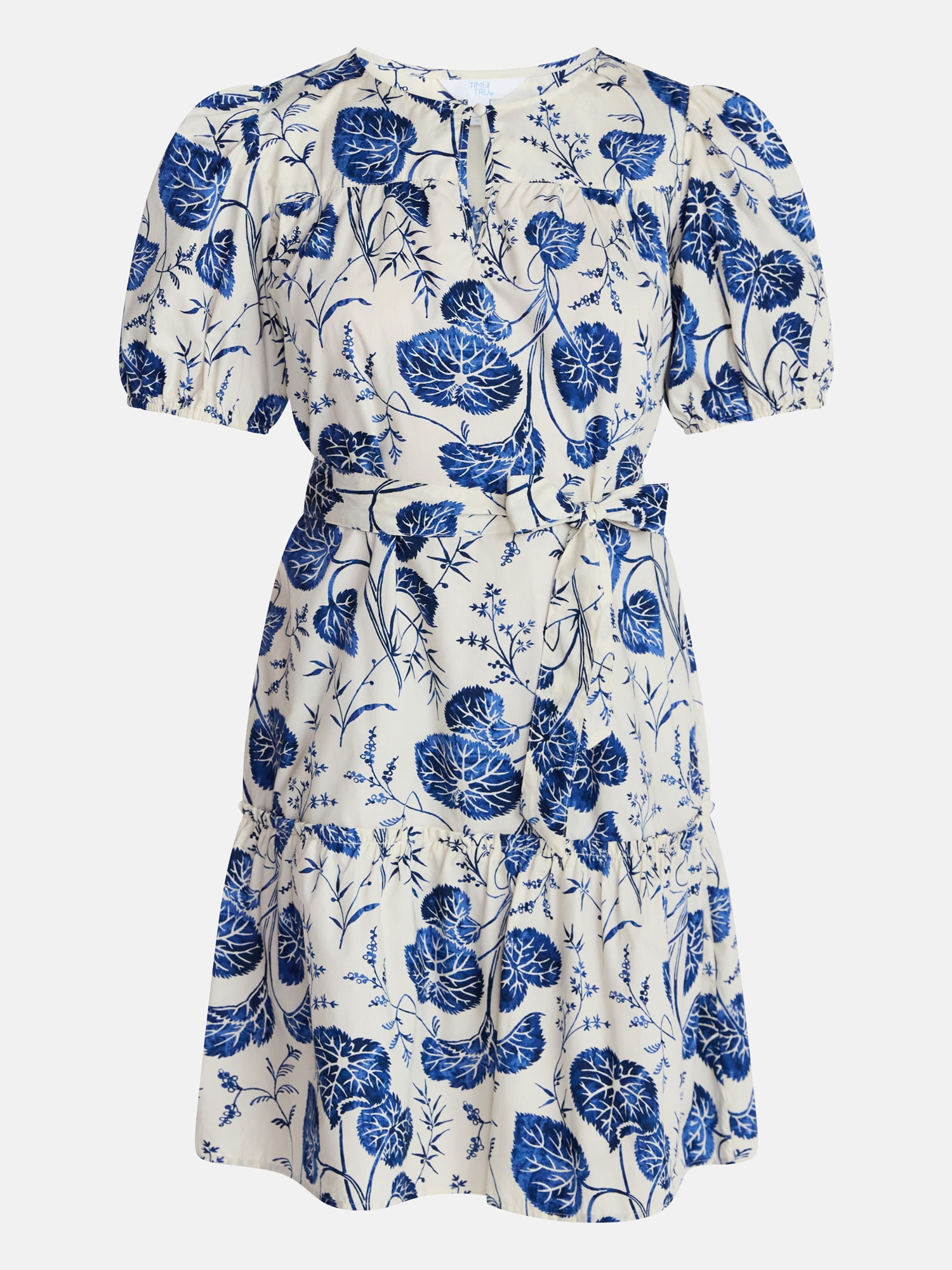Time and Tru Women's and Women's Plus Cotton Mini Dress with Puff Sleeves, Sizes XS-4X