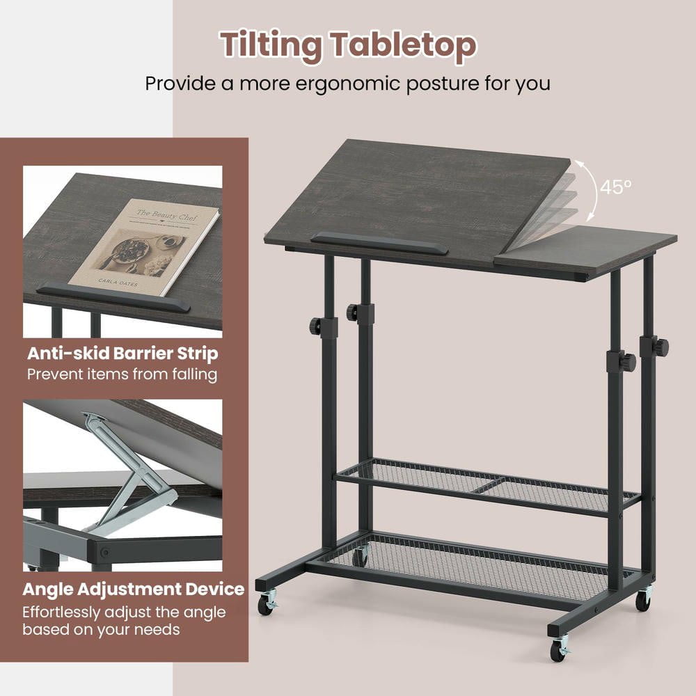 Resenkos Mobile Height-Adjustable Standing Desk with Tilting Tabletop - Black Oak/Black