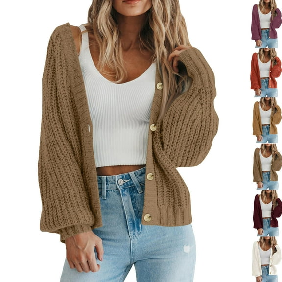 Women's Chunky Knit Open Front Sweater Long Sleeve Button Loose Short Cardigan Outerwear Coats Cardigan Sweaters for Women Trendy Fall Fashion Knit Cardigans Fall Winter Clothing Outfits