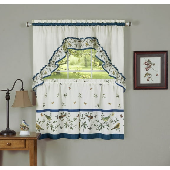 Traditional Elegance Love Birds - Printed Tier and Swag Window Curtain Set - 57x24 - Blue