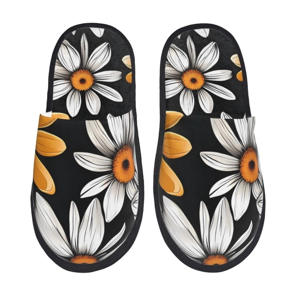 Balery Yellow White Daisy Pattern Pantuflas de Casa de Felpa Silenciosas con Diseño Estampado, Zapatillas Cómodas Antideslizantes de Algodón para Interior-Large