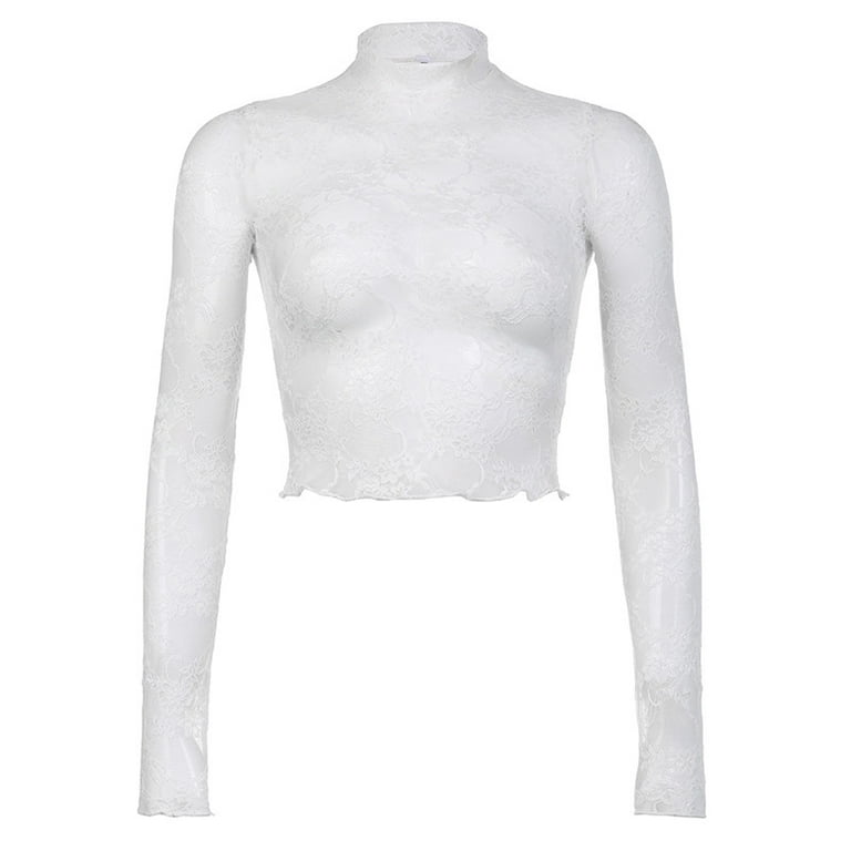 Y2K Lace T-Shirt Women White See Through Turtleneck Crop Top Y2K Lace T-Shirt Women White See Through Turtleneck Crop Top