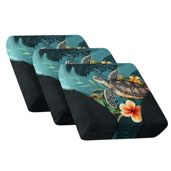 COEQINE Stretch Couch Cushion Cover Fitted Sectional Sofa Slipcover with Elastic Bottom Armchair Couch Cover Replacement Furniture Protector, 3 Pieces, Sea Turtle Plumeria Teal