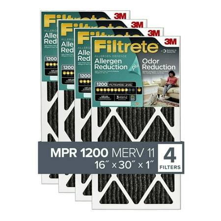 

Filtrete by 3M 16x30x1 MERV 11 Allergen Plus Odor Reduction HVAC Furnace Air Filter 1200 MPR 4 Filters