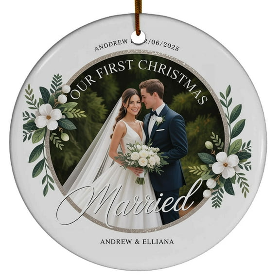 Our First Christmas Married Glass Ornament 2025, Photo Mr & Mrs Marriage Christmas Ornaments Gift for Wedding Anniversary