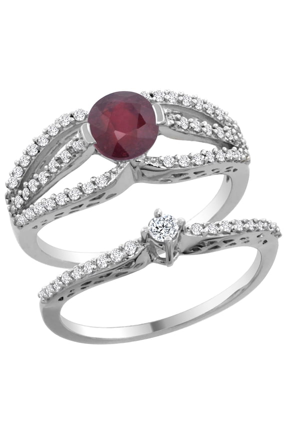 14K White Gold Enhanced Ruby 2-piece Engagement Ring Set Round 5mm, size 6.5