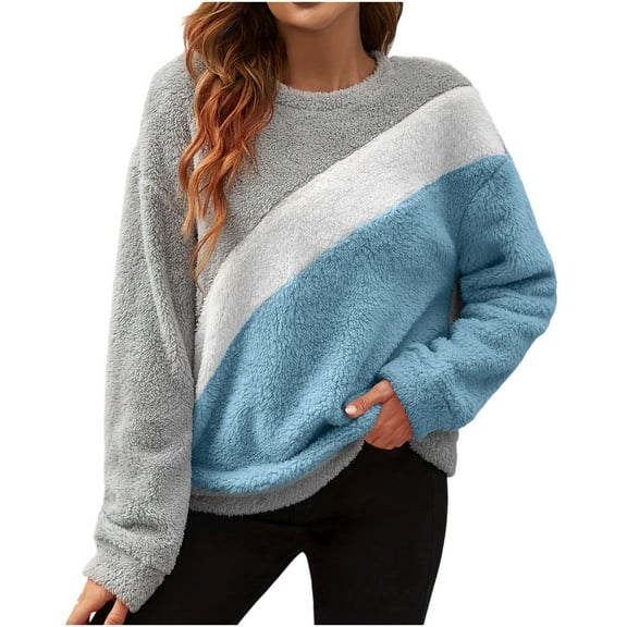 ShiShine Women's Color Block Sherpa Pullover Sweater - Casual Long Sleeve Fuzzy Fleece Loose Winter Jumper Top