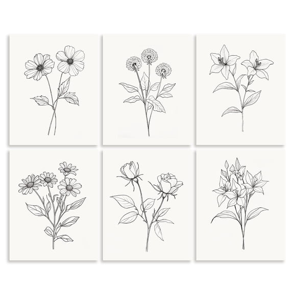 6 Pack Unframed Waterproof White and Black Line Flowers Canvas Wall Art Prints 8" x 10" Simple Sketch Floral Wall Decor Canvas Artwork Posters for