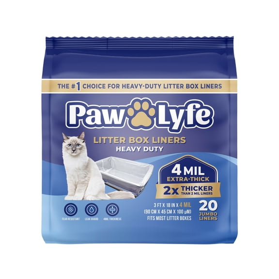 PawLyfe Litter Box Liners: Heavy Duty - Thickest Litter Liner on the Market 4MIL - Tear & Leak Resistant - Drawstring Close - Jumbo, 36” x 18” - 20 Count Jumbo Size Draw String Litter Liners for Cats